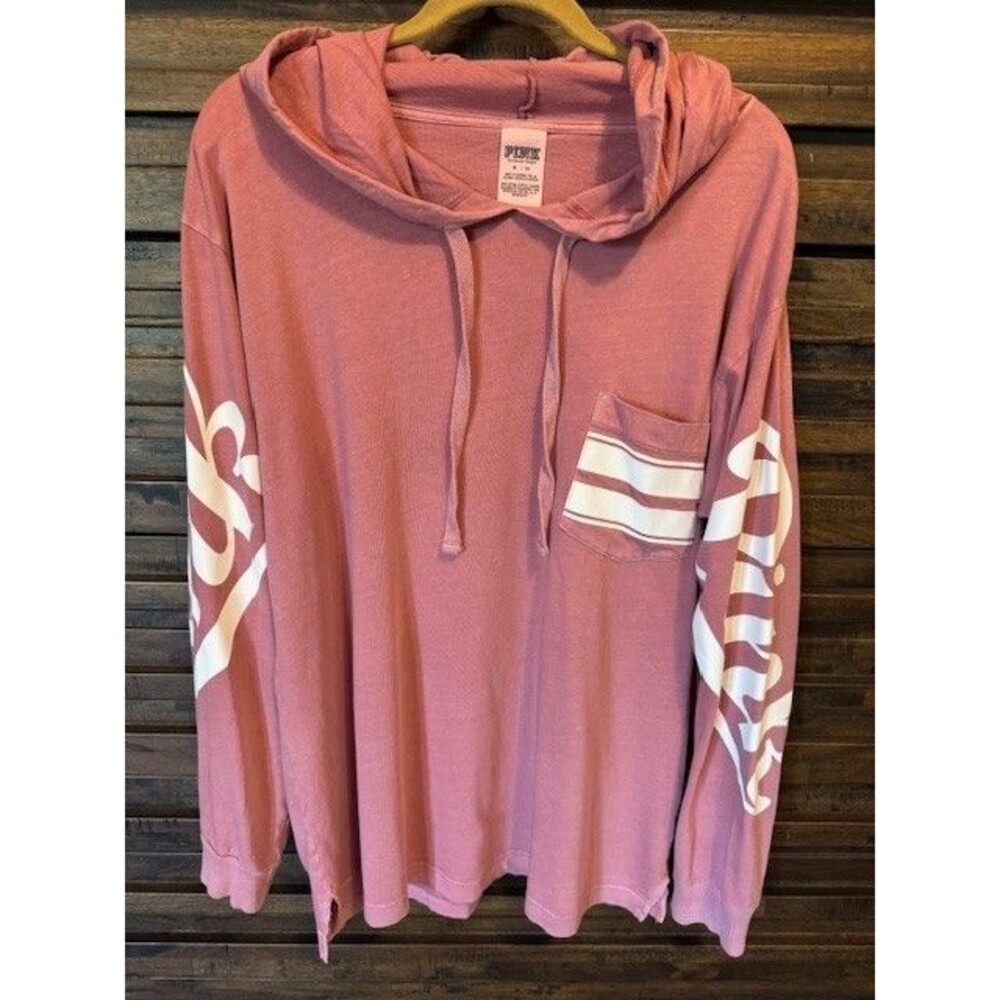 Victoria's Secret PINK Campus Logo‎ Hoodie Tee T Shirt Pocket Oversized MED EUC